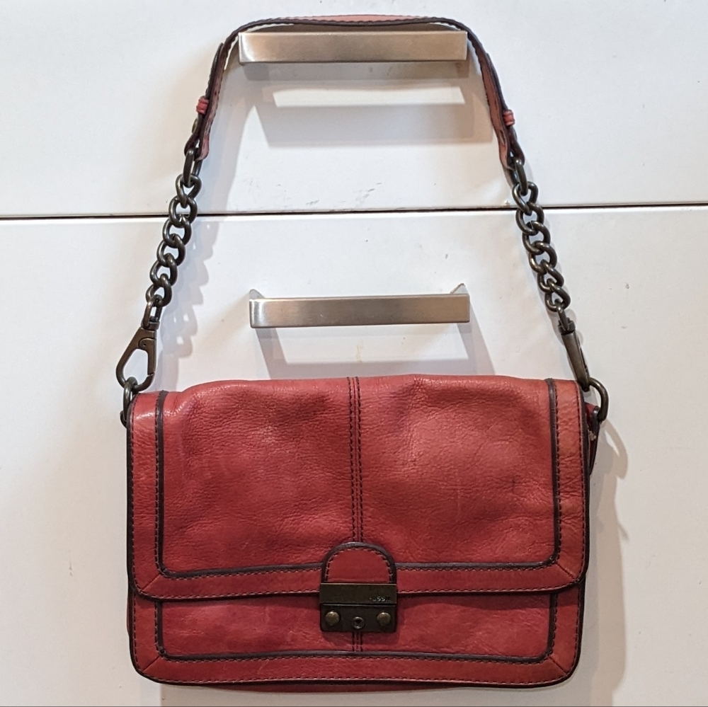 Vintage Fossil Y2K Leather Flap Chain Strap Baddie Shoulder Bag Pinky Red - Picture 2 of 16